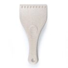 Beige plastic ice scraper with a textured handle and a flat, ridged blade.