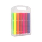 A transparent case with six colorful highlighters: yellow, green, orange, red, pink, and purple.
