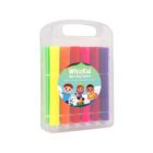 Clear case with colorful markers inside, featuring a WhizKid Sporting Centre label with cartoon characters.