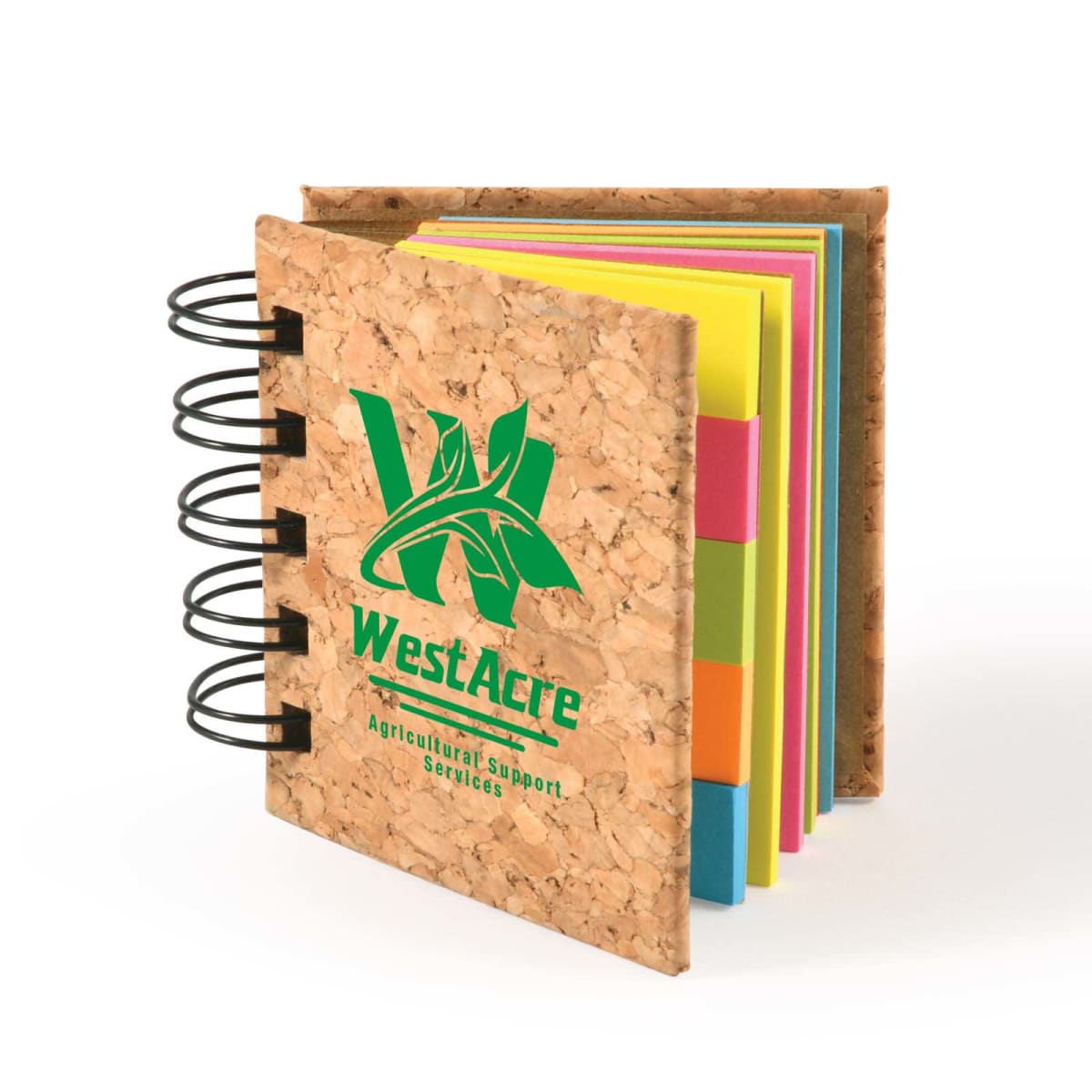 Cork-covered notebook with WestAcre logo, multicolored pages, and coil binding.