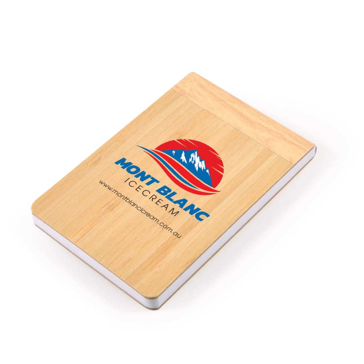 Wooden cutting board with Mont Blanc Ice Cream logo and website link.