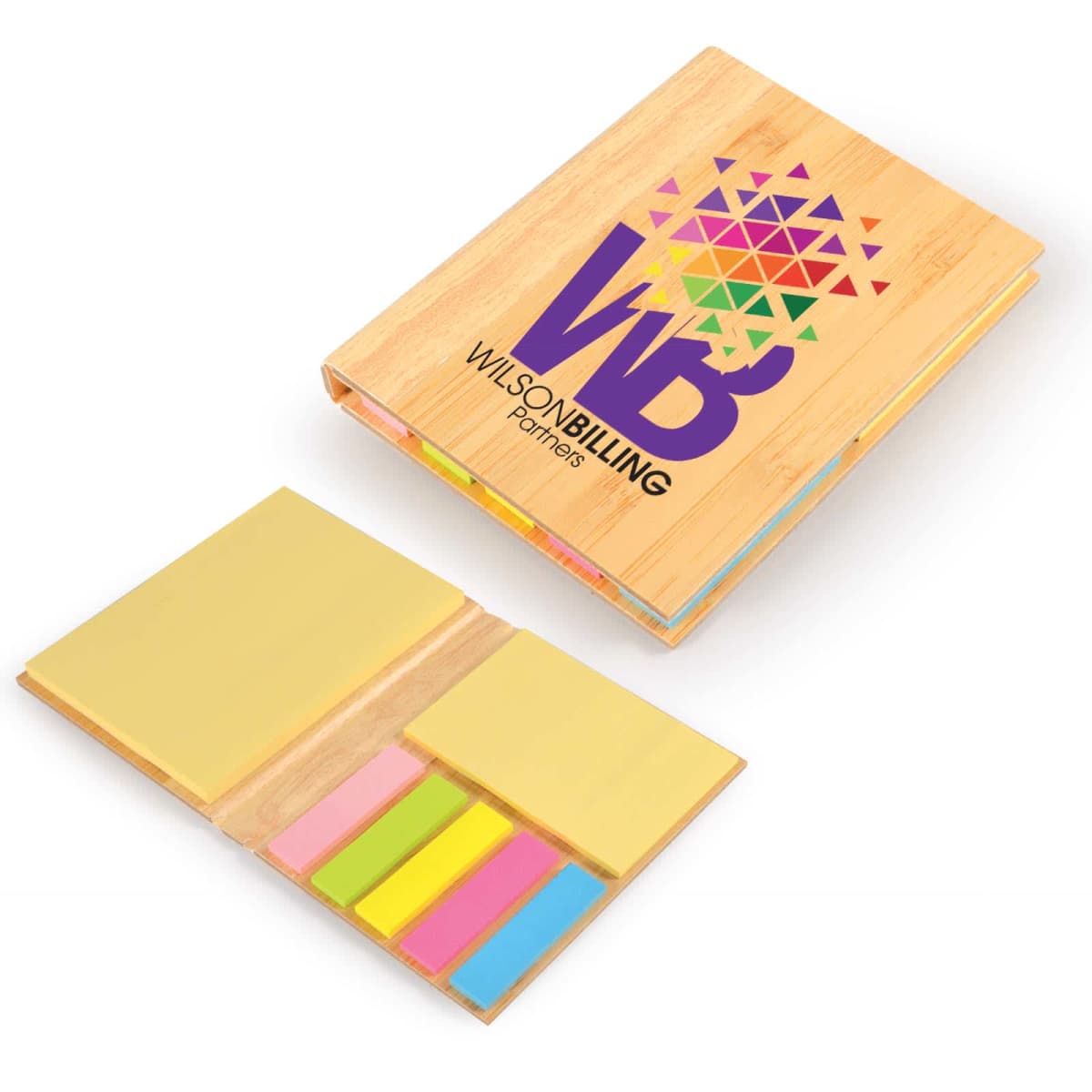 Wooden notebook with colorful sticky notes, featuring a geometric logo and WILSON BILLING Partners text.