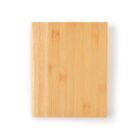 A rectangular bamboo cutting board against a white background.