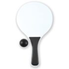 A ping pong paddle and a black ball on a white background.