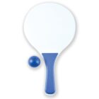 Table tennis paddle with a blue handle and a blue ball on a plain background.