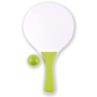 White paddle with a green handle next to a green ball on a white background.