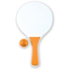 Table tennis paddle with an orange handle and an orange ball next to it on a white background.