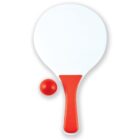 White paddle with a red handle next to a red ball on a white background.