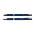 Two navy blue pens with silver accents, one shown from the side and the other from the top, on a white background.