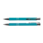 Two turquoise ballpoint pens with silver accents, shown from side and top views against a white background.