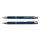 Two blue ballpoint pens with silver accents and clips, one with a tip extended and one with a cap on.