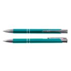Two teal-colored ballpoint pens with silver accents, one is capped, the other uncapped, placed horizontally.