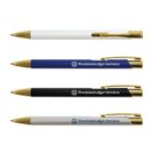 Four ballpoint pens in white, blue, black, and silver with PrecisionLedger Services printed on them.