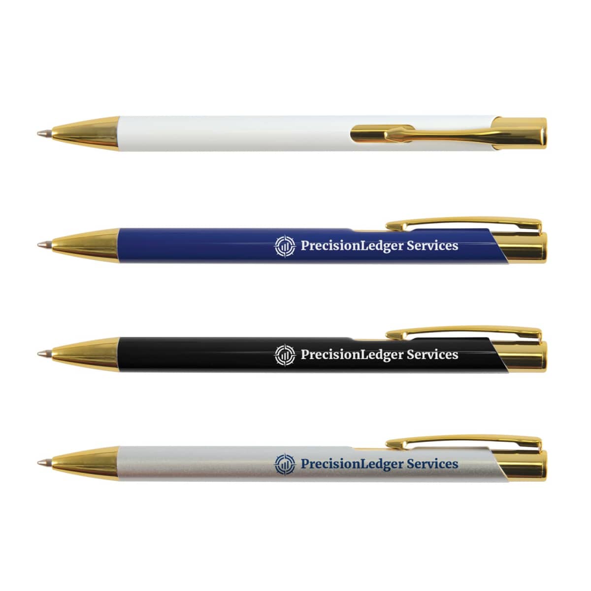 Four ballpoint pens in white, blue, black, and silver with PrecisionLedger Services printed on them.