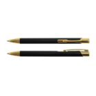 Two black ballpoint pens with gold accents, shown with and without the clip visible.