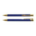 Two blue and gold ballpoint pens, one with cap on, one with cap off, isolated on a white background.