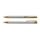 Two silver pens with gold tips and clips, one lying horizontally and the other with the clip visible.