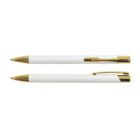 Two white pens with gold tips and clips, shown in side view.