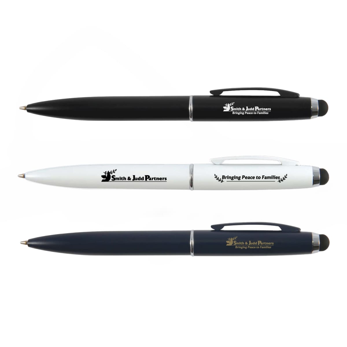 Three pens, two black and one white, with a logo and text reading Smith & Jude Partners Bringing Peace to Families.