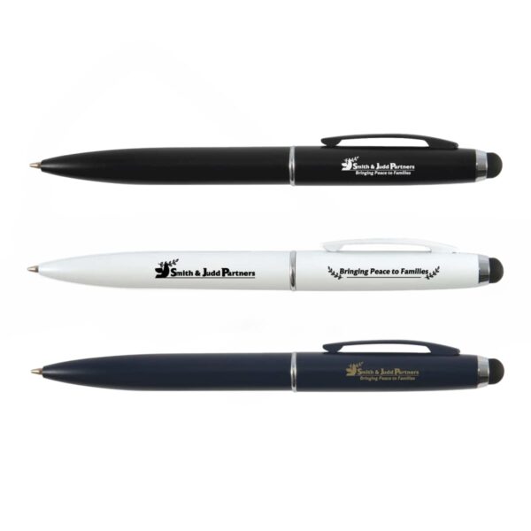 Three pens with logos and text, two black and one white, arranged horizontally on a white background.