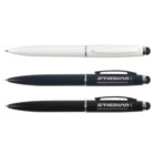 Three stylus pens: one white, one navy blue, and one black with Starion branding, all with clips.