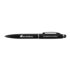 A black ballpoint pen with Smith & Jude Partners and Bringing Peace to Families printed in white.