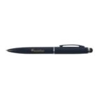 Black pen with silver trim, pocket clip, and a stylus tip on the back end, shown on a white background.