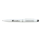 White pen with black logo and text Bringing Peace to Families. Features a clip and stylus end.