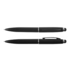 Two black pens with silver accents, one with a clip, arranged parallel on a white background.