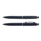 Two black ballpoint pens with silver accents, one with a clip and the other without, placed parallel.