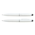 Two white pens with silver accents, one with a stylus tip, shown side by side on a plain background.