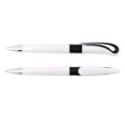 Two white ballpoint pens with black grips, one with cap on, the other with cap off, shown horizontally.