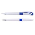 Two blue and white pens with silver tips, one showing the clip and the other showing the pens retractable mechanism.