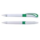 Two white pens with green grips and curved clips, shown from a side and top view, isolated on a white background.