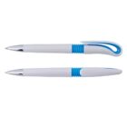 Two white and blue pens with silver tips, one capped and one uncapped, on a plain background.