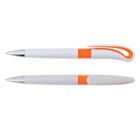 Two white ballpoint pens with orange accents, shown with cap on top and off on bottom.