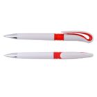 Two white pens with red accents; one uncapped, the other capped.
