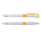 Two white and yellow ballpoint pens, one with a visible clip, arranged horizontally on a white background.