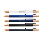 Five pens with wooden tips and clips in white, blue, black, and gray, each labeled Serenity with a snowflake icon.
