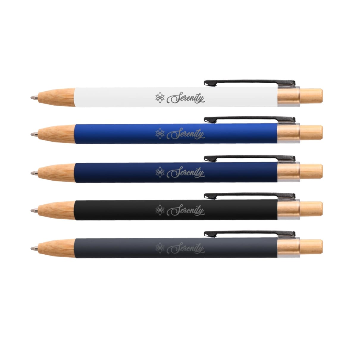 Five pens with wooden tips and clips in white, blue, black, and gray, each labeled Serenity with a snowflake icon.