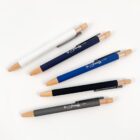 Five pens in white, navy, royal blue, black, and gray with wooden click tops and clips on a white background.