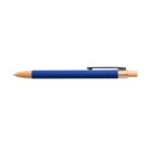 Blue pen with a wooden tip and metal clip, isolated on a white background.