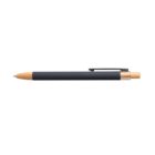A black pen with a wooden grip, a metal clip, and a clicker top.