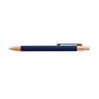 A blue and wood-colored pen with a black clip, shown horizontally on a white background.