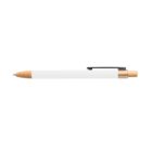 A white and wooden pen with a black clip, lying horizontally on a white background.