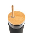 Black tumbler with bamboo lid and straw, viewed from above.