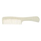 A beige comb with a handle, featuring fine teeth, isolated on a white background.