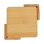 Square bamboo coaster with a smooth surface, featuring rounded corners and a matching holder on two sides.