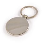 Silver round metal keychain on a white background.