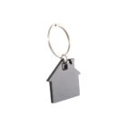 Silver metal keychain in the shape of a house against a white background.